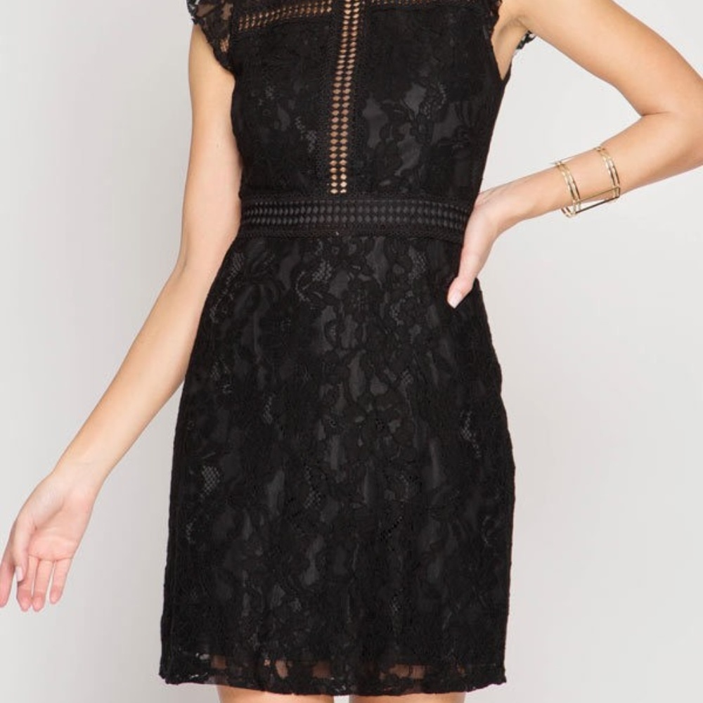 Black Floral Lace Ruffled Sleeve Floral Dress - Picture 7 of 8